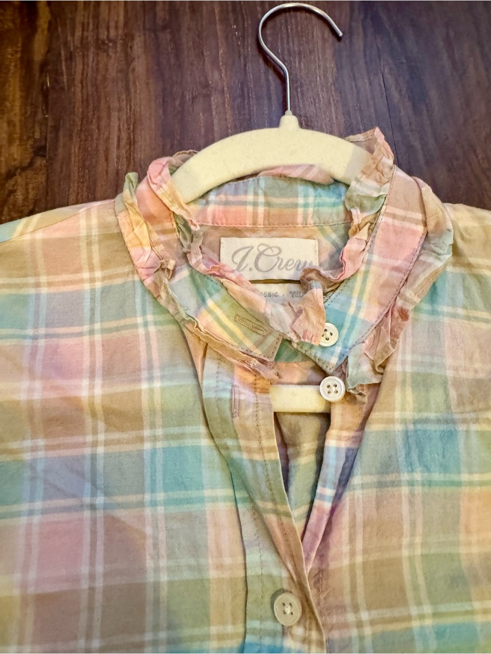 J. Crew Pastel Plaid Ruffle-Collar Button Down Top, Women’s Size 4